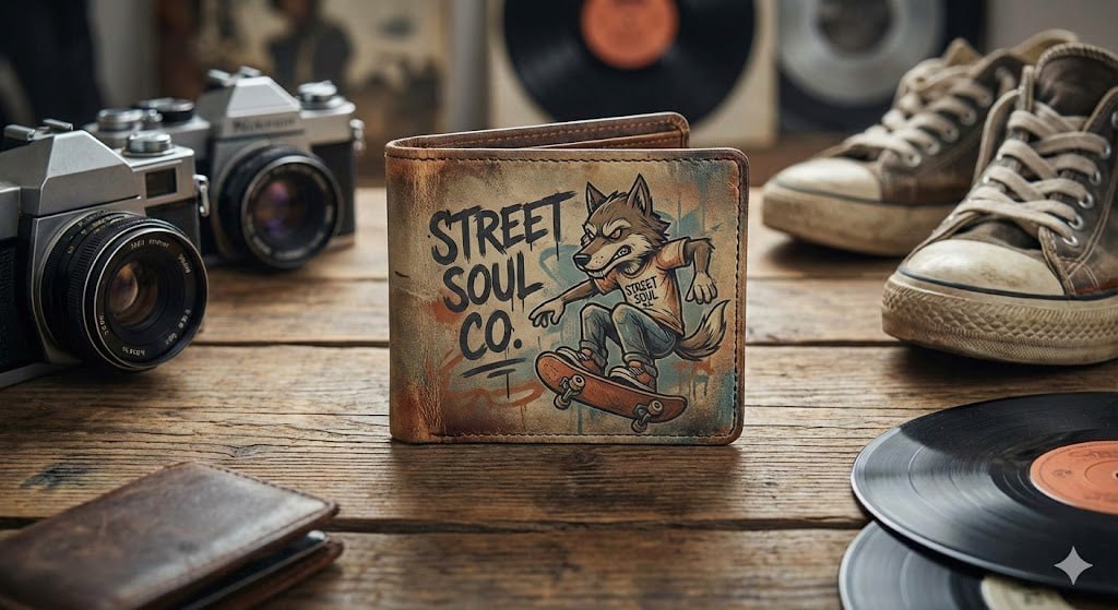 The Wolf Skater: กระเป๋าสตางค์หนังแท้ลายกราฟฟิตี้
