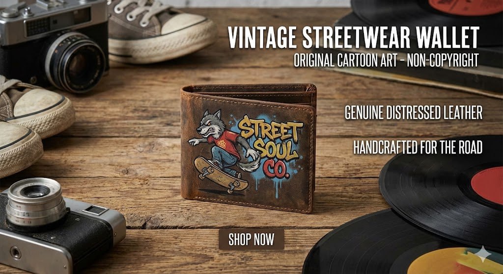 The Wolf Skater: กระเป๋าสตางค์หนังแท้ลายกราฟฟิตี้